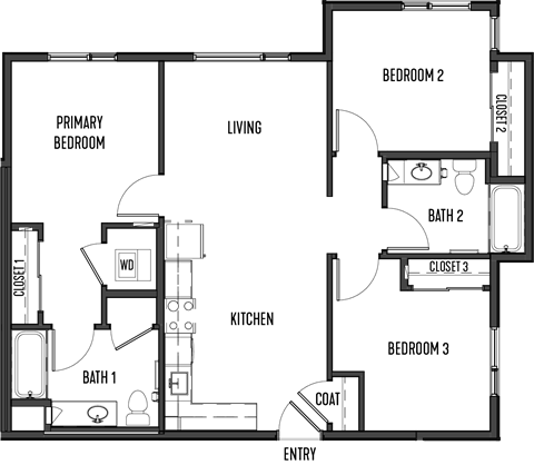 Floor plan for 3 beds, 2 baths, 997 sqft
